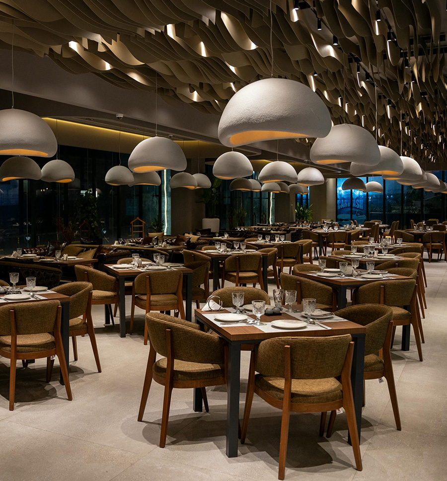 Luxury café social space design with modern architectural detailing